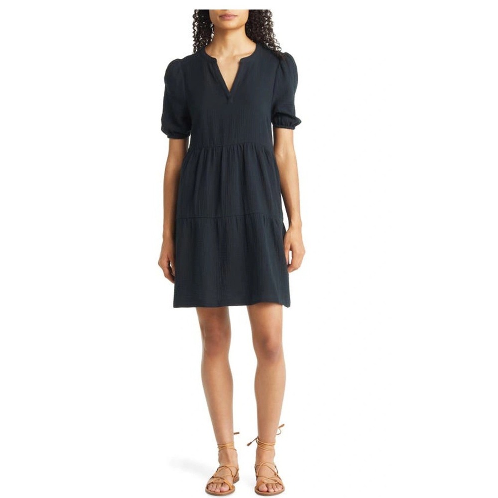 Marine Layer Double Gauze Tiered Mini Dress Cotton Split Neck Puff Sleeve S